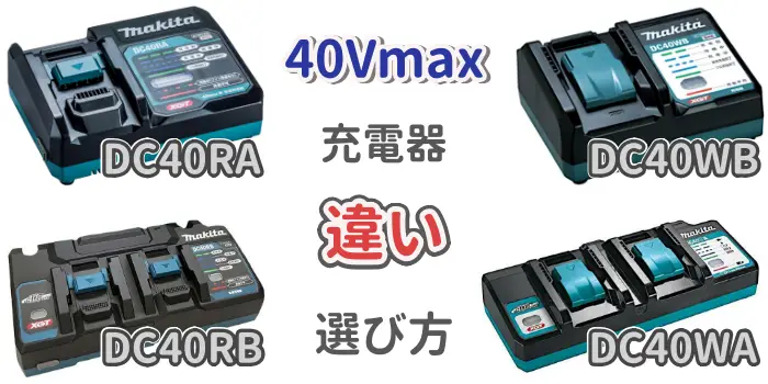 マキタ40Vmax充電器「DC40RA,DC40RB,DC40WA,DC40WB」の違いを比較し、選び方を解説した記事のアイキャッチ画像